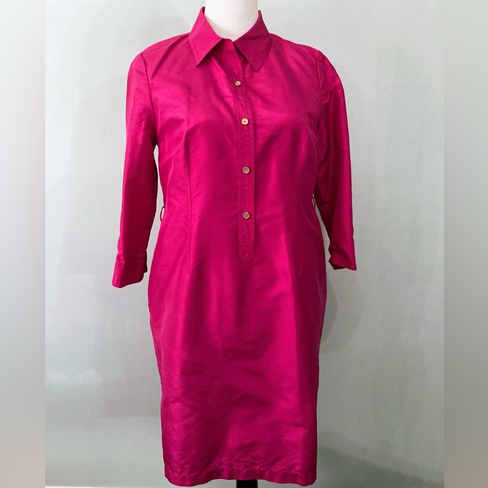 TALBOTS 100% Silk Taffeta Hot Pink Button Front Dress Size 8P Missing Belt